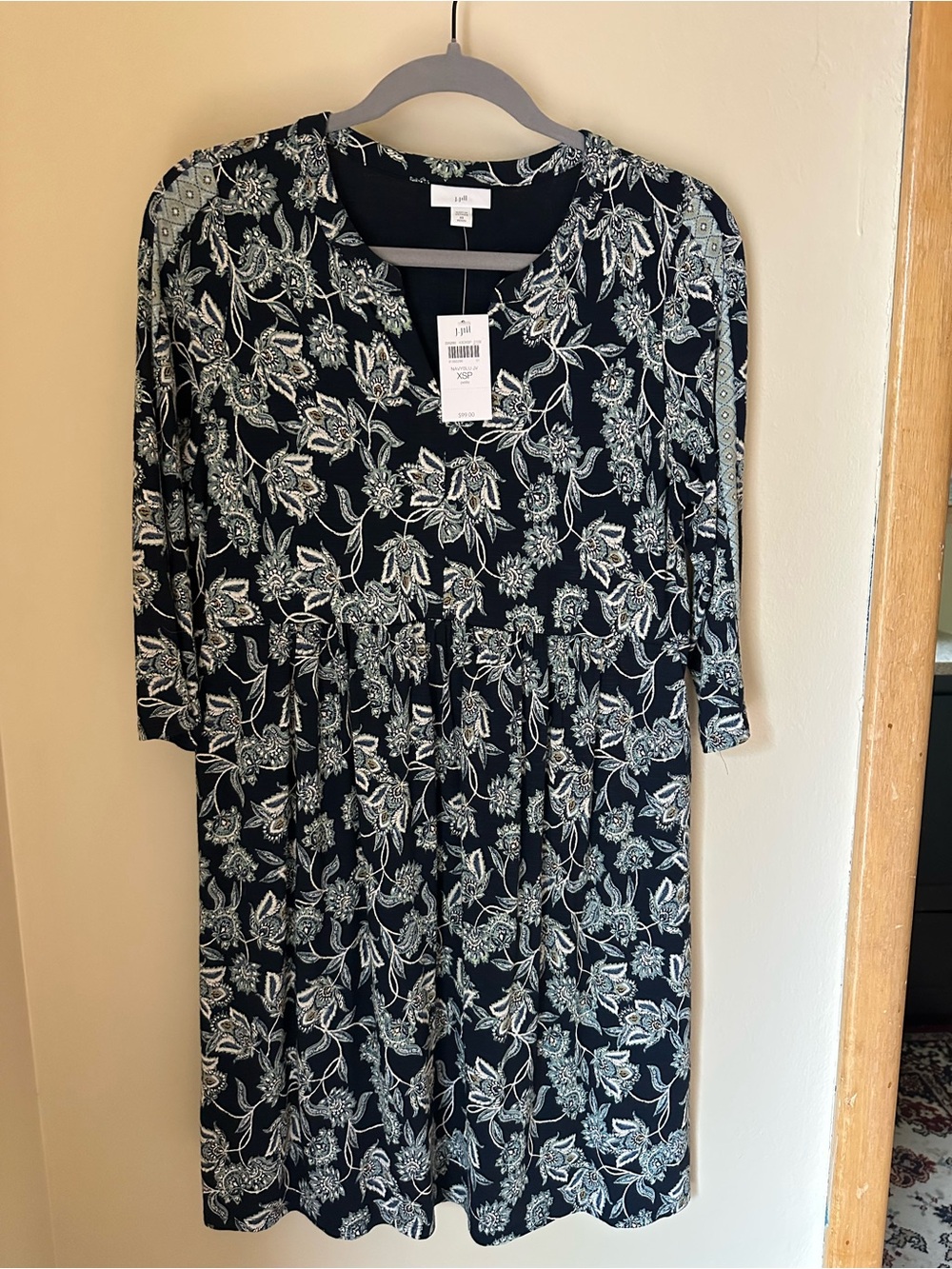 J. Jill Navy Floral V-Neck Dress with Sage and Cream Print
